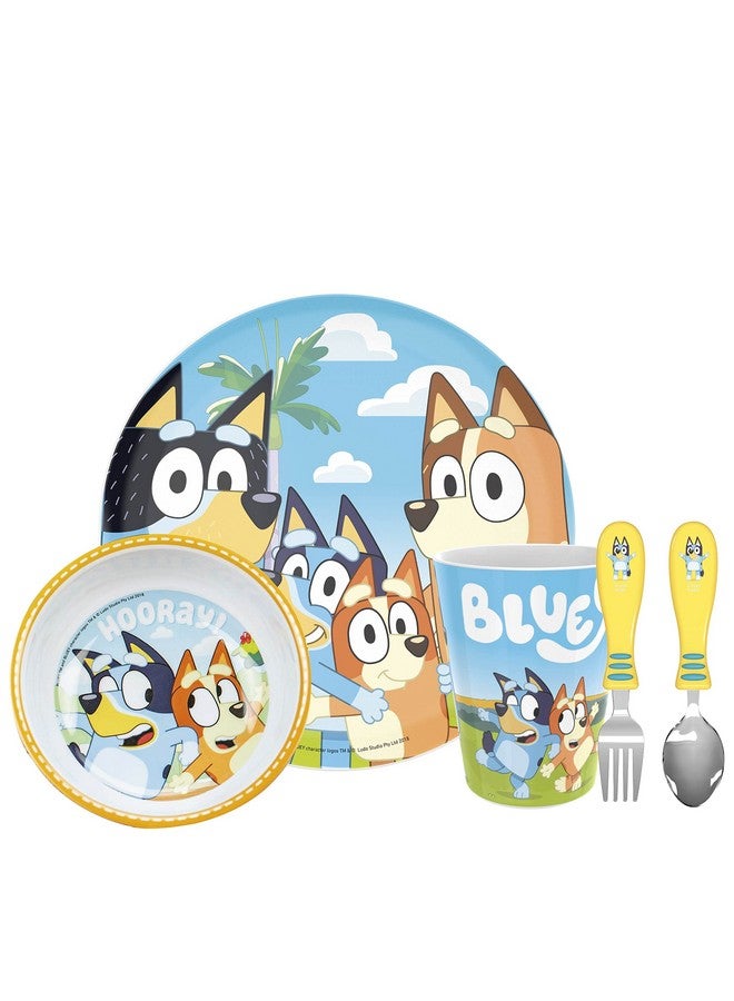 Zak! Bluey 5Piece Dinnerware Set Durable Plastic & Stainless Steel Includes Tumbler 8Inch Plate 6Inch Bowl Fork & Spoon Suitable For Kids Ages 3+