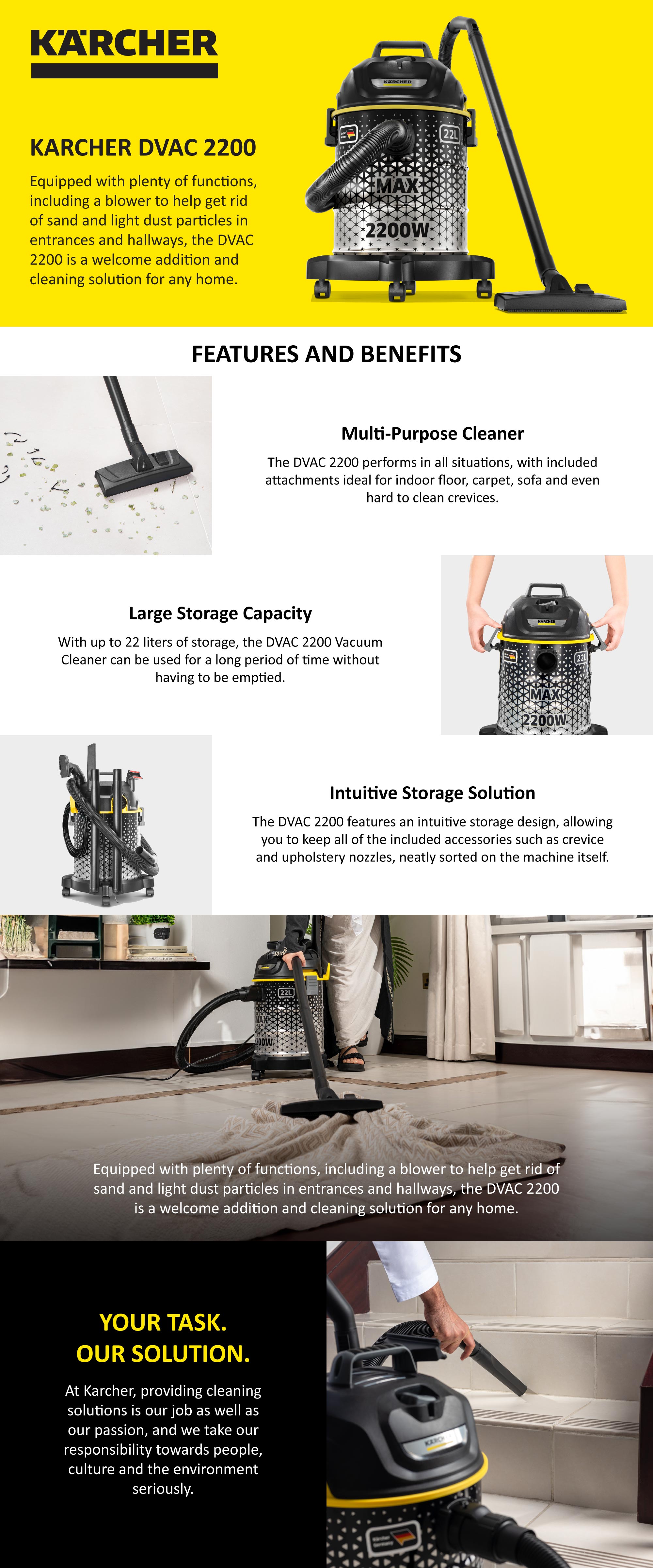DVAC 2200 Dry Vacuum Cleaner, 22L Large Dust Container, Adjustable Suction, Blower Function 22 L 2200 W DVAC 2200 *AE Black