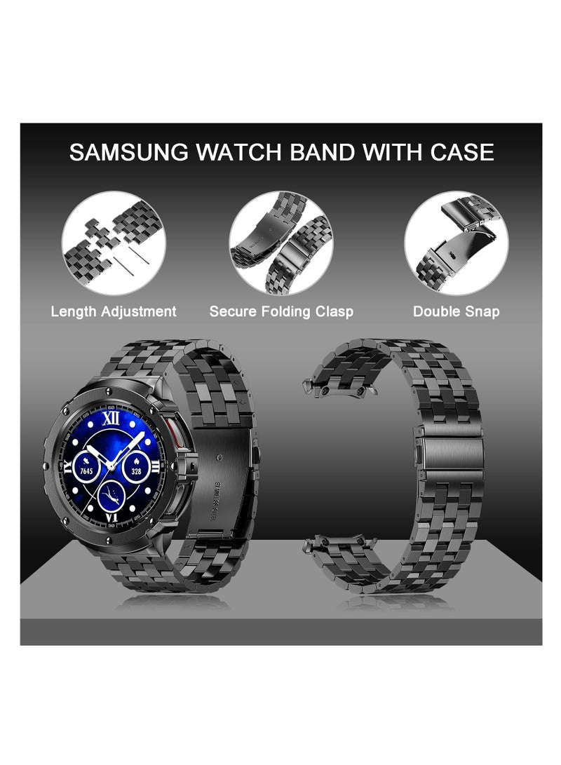 Compatible for Samsung Galaxy Watch 5 Pro 45mm Band with Case, Stainless Steel Rugged Metal Watch Band with Protective Bumper Cover Replacement Strap for Men