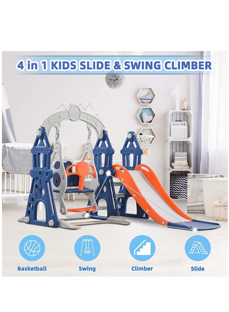 Toddler Slide and Swing Set, 4 in 1 Rock Climbing Slide Playset with Basketball Hoop for toddlers at home and backyard (Blue)