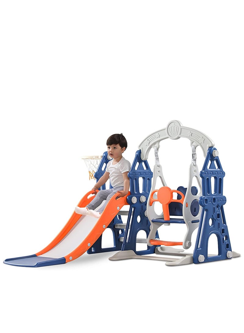 Toddler Slide and Swing Set, 4 in 1 Rock Climbing Slide Playset with Basketball Hoop for toddlers at home and backyard (Blue)