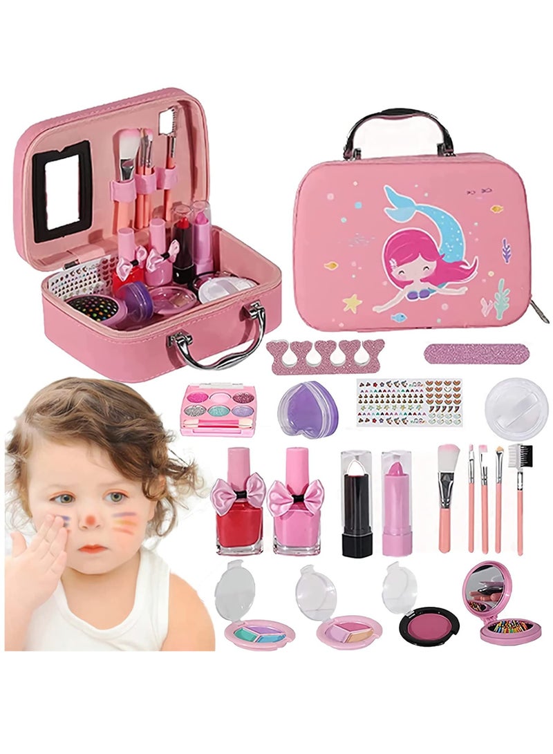 Kids Makeup Kit for Girls, Pretend Play Toy Makeup Set for Little Girls, Washable Makeup Kit Real Cosmetic Toy With Mermaid Bag, Halloween Birthday Gifts for Girls Age