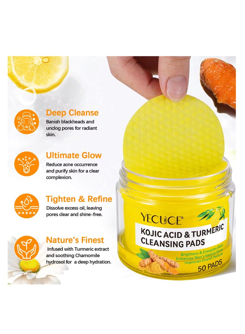 50Pcs Kojic Acid & Turmeric Cleansing Pads for Dark Spots Turmeric Kojic Acid Cleansing Pads Helps Balance Skin Oil & Water Fade Spot Remove Excess Keratin Clean Oil Refines Pores