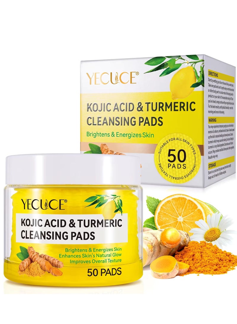 50Pcs Kojic Acid & Turmeric Cleansing Pads for Dark Spots Turmeric Kojic Acid Cleansing Pads Helps Balance Skin Oil & Water Fade Spot Remove Excess Keratin Clean Oil Refines Pores