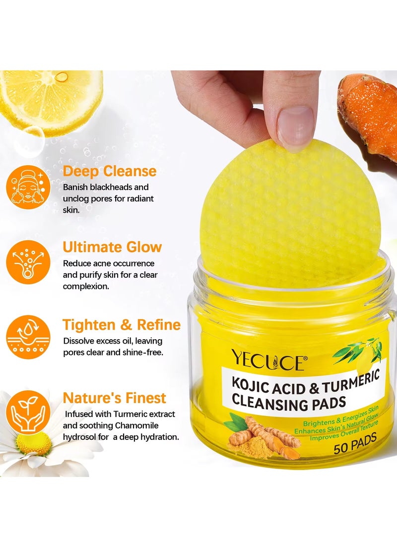 50Pcs Kojic Acid & Turmeric Cleansing Pads for Dark Spots Turmeric Kojic Acid Cleansing Pads Helps Balance Skin Oil & Water Fade Spot Remove Excess Keratin Clean Oil Refines Pores