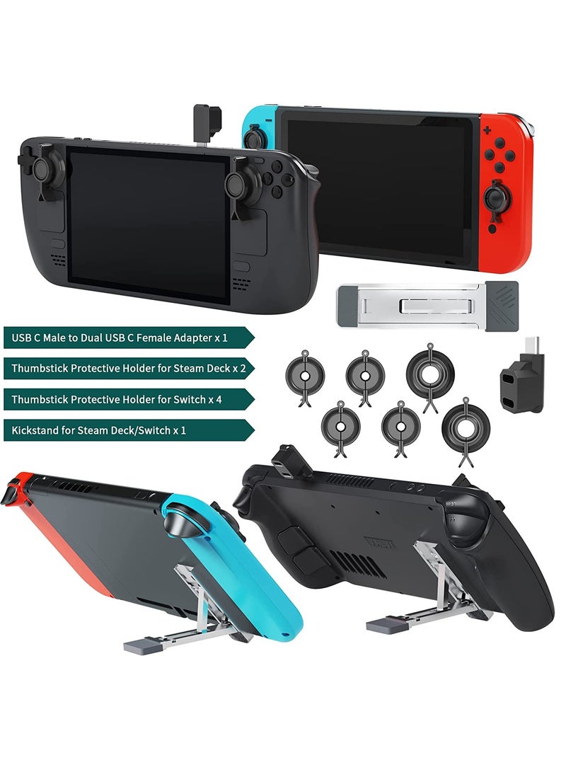 Steam Deck Joystick Guards Bundle with 6 Joystick Protective Holder,1 Kickstand,1 90 Degree USB C Male to Dual USB C Adapter Compatible with Switch Lite/Phone