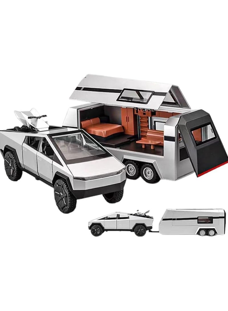1/32 Tesla Pickup Truck Trailer RV Model Kit, Alloy Off-Road Vehicle, Car Model Diecast Metal Toy, Truck Model Simulation Sound Light, Gift for Boys and Girls. (With RV Silver)
