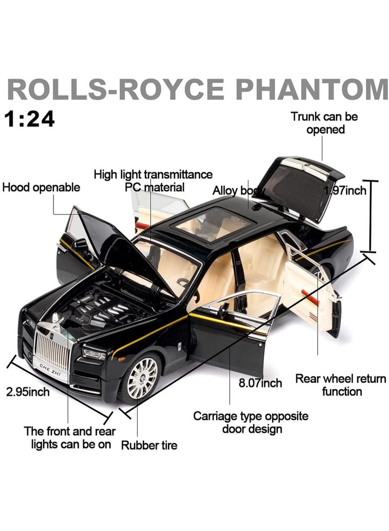 Exquisite Car Model 1/24 Rolls-Royce Phantom Model Car, Zinc Alloy Pull Back Toy Car With Sound And Light, Suitable For Children Boys Girls Gift. (Black)