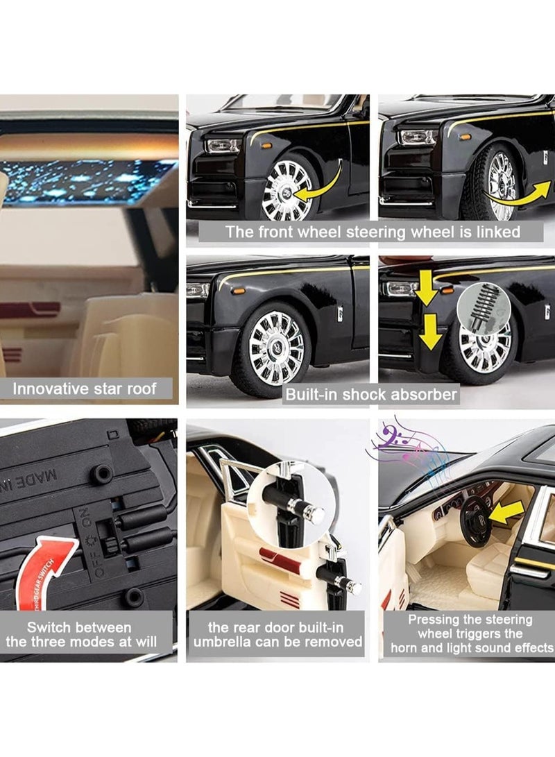 Exquisite Car Model 1/24 Rolls-Royce Phantom Model Car, Zinc Alloy Pull Back Toy Car With Sound And Light, Suitable For Children Boys Girls Gift. (Black)