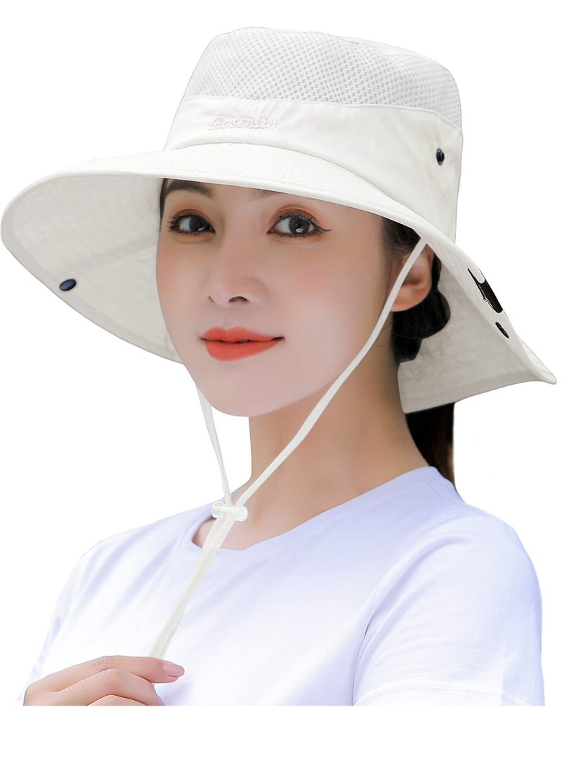 Sun Hats, Bucket Hat Summer Sun Outdoor UV Protection Foldable Mesh Wide Brim for Beach Fishing Men Women (White)