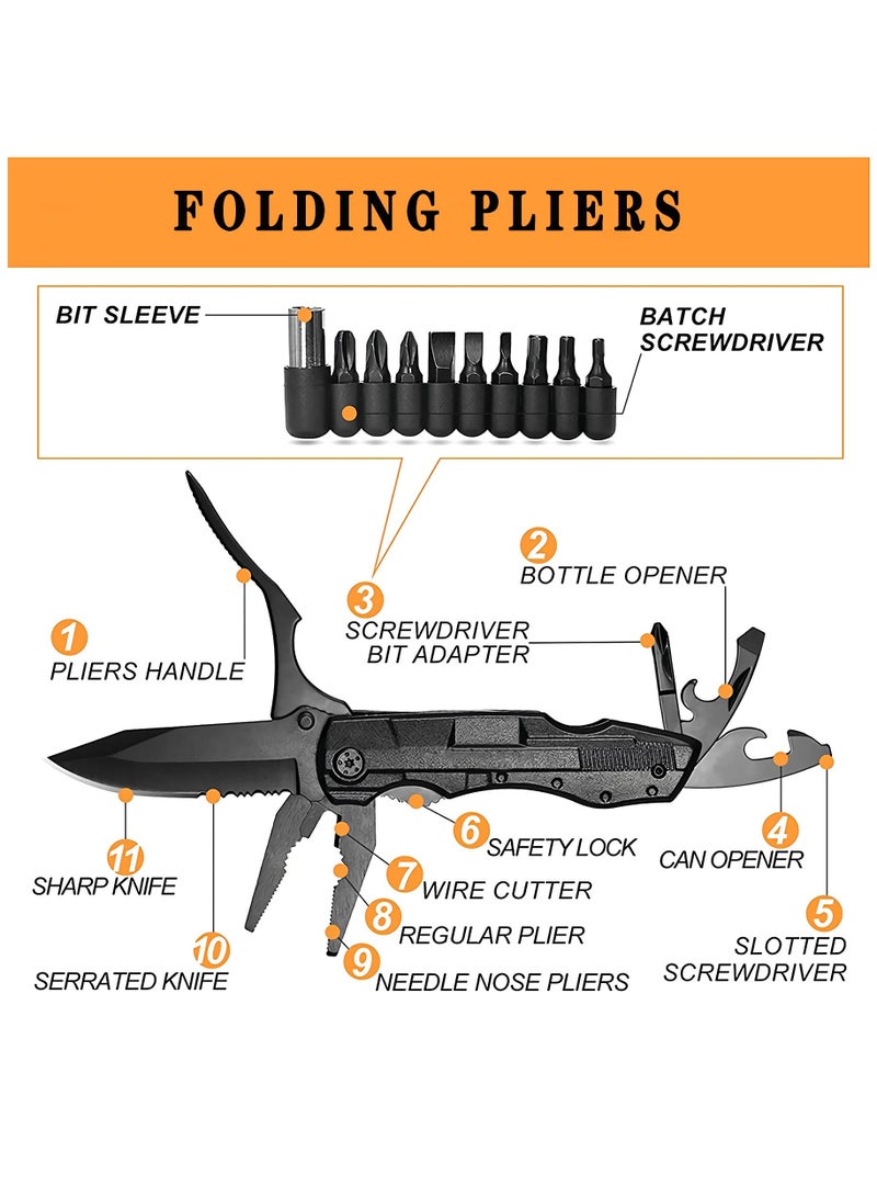 Multitool,5-in-1 Survival Tool with portable Multi-plier Durable Stainless Steel Multi-Tool Multi-Purpose Screwdriver Spring-Action Plier with Pouch & Bits for Survival, Outdoor & More