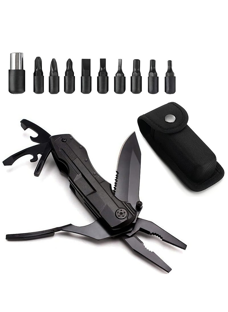 Multitool,5-in-1 Survival Tool with portable Multi-plier Durable Stainless Steel Multi-Tool Multi-Purpose Screwdriver Spring-Action Plier with Pouch & Bits for Survival, Outdoor & More