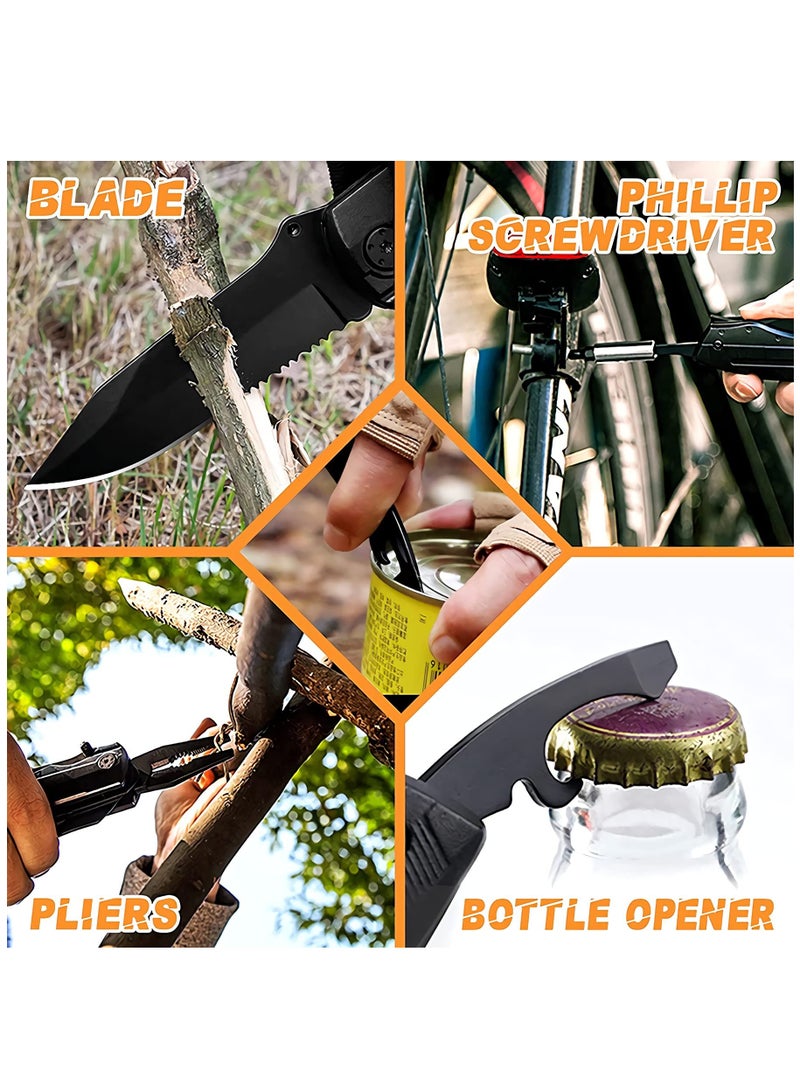 Multitool,5-in-1 Survival Tool with portable Multi-plier Durable Stainless Steel Multi-Tool Multi-Purpose Screwdriver Spring-Action Plier with Pouch & Bits for Survival, Outdoor & More