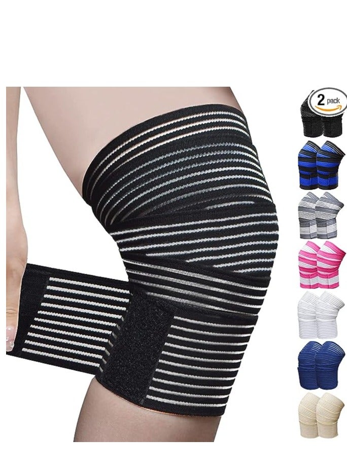 Knee Wraps for Leg Calf Thigh Extra Long Elastic, All Purpose Support Wrap Brace Compression Bandage for Pain Relief Weightlifting, Powerlifting Squats, for Men & Women (Black) (2Pcs)
