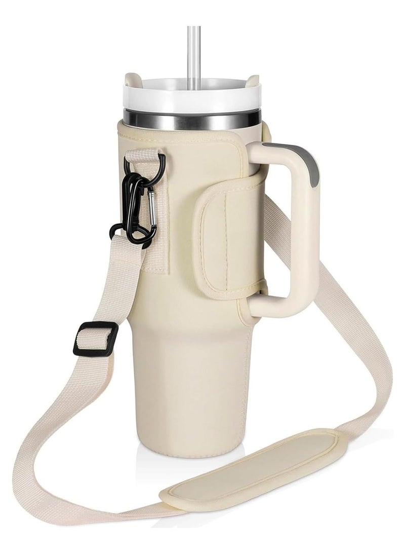 Water Bottle Carrier Bag Compatible with Stanley 40oz Tumbler with Handle,Adjustable Shoulder Strap Bottle Holder Pouch for Stanley Cup Accessories, for Hiking Travelling Camping (Beige)
