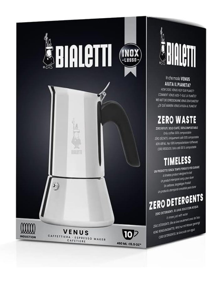 New Venus Induction Stovetop Coffee Maker Suitable For All Types Of Hobs Stainless Steel 10 Cups 15.5 Oz Aluminum Silver