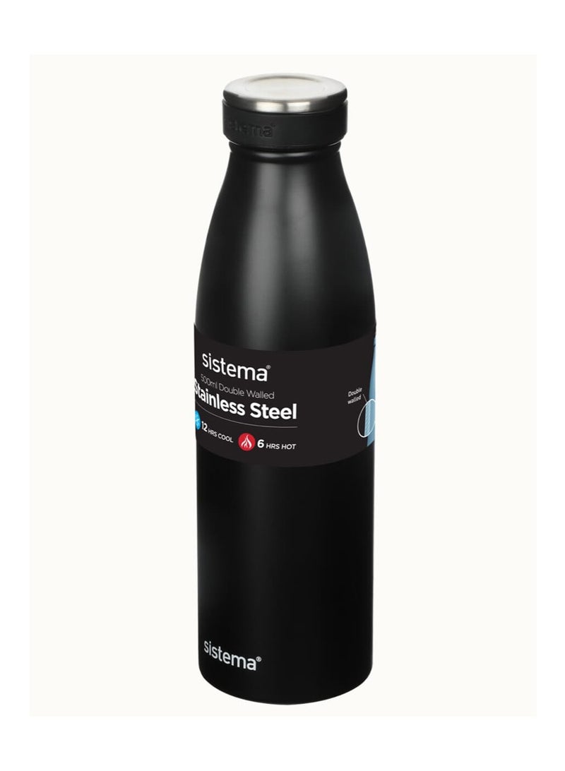 Sistema Hydrate Stainless Steel Water Bottle, 500 ml Leak-Proof Reusable BPA & Phthalate Free Double Wall Vacuum Insulation Keeps Cold for 12 hrs, Hot 6 hrs, Ocean Black