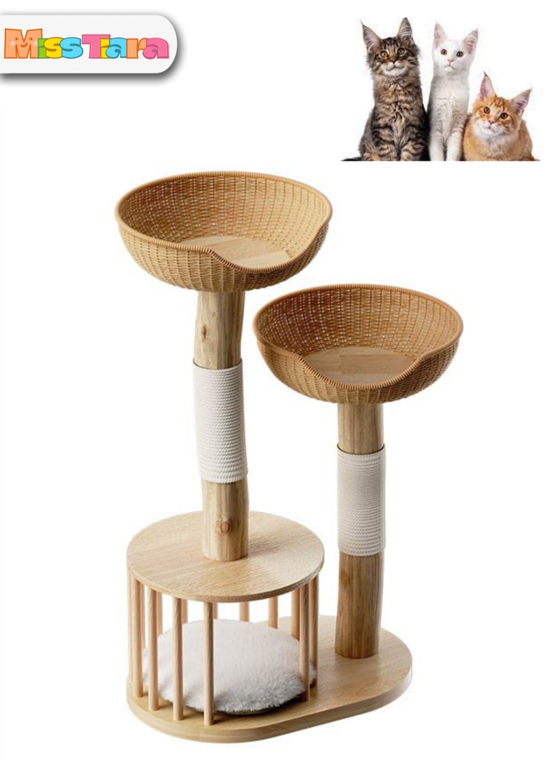 Solid wood and trunk rattan cat tree climbing tower cat nest sisal cat scratching board tree 1.5 cm thick oak solid wood board and matched with 8 cm thick solid wood white posts
