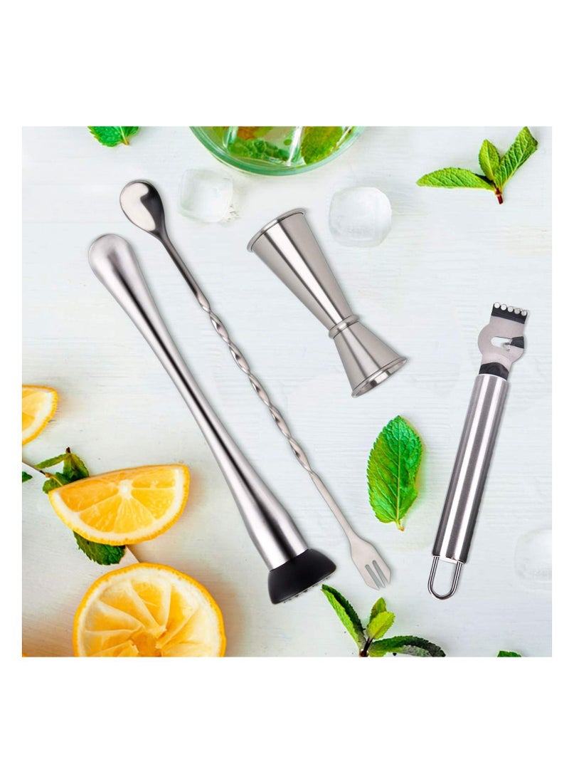 Cocktail Bar Tools, 4 Pack Stainless Mixing Spoon Double Cocktail Jigger Cocktail Ice Muddler Lemon Fruit Grater Bar Strainer