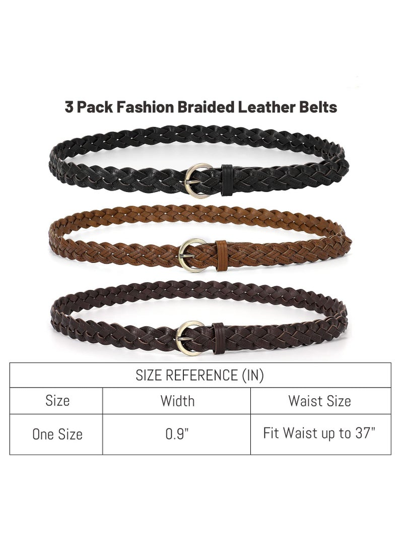 Skinny Braided Leather Belts for Women, Thin Woven Waist Belts for Jeans Dresses, 0.9” Width(3 Pack)