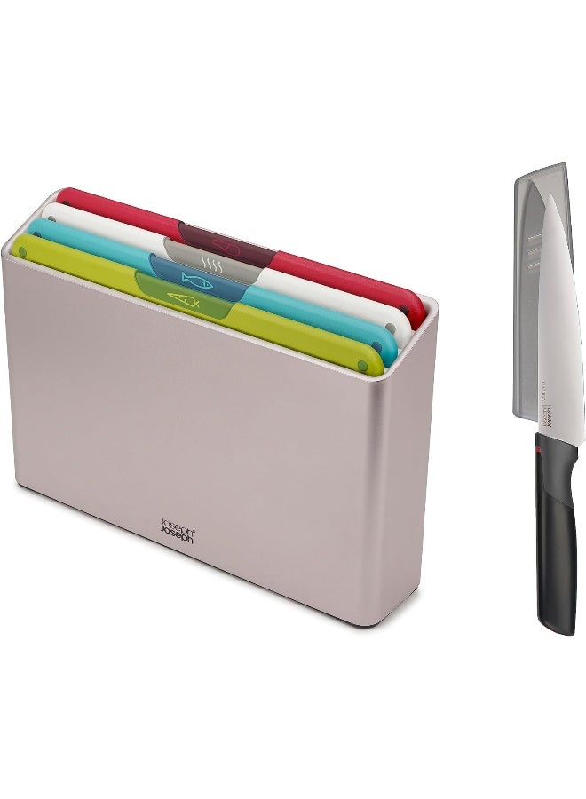 Folio Icon, 4Piece Colour coded Chopping Board Set, Slimline Case for Organised Kitchen Storage with Chef's Knife Regular, White