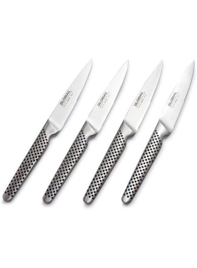 Classic Steak Knives, Set of 4. Stainless Steel. Ergonomic Dimpled handles ensures safe grip. Perfectly Balanced. Handcrafted in Japan.