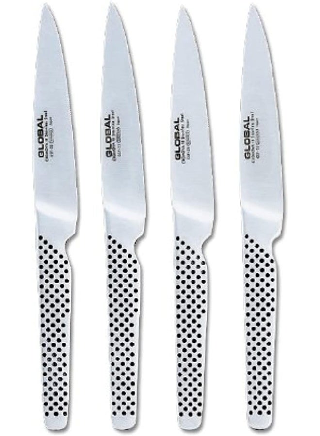 Classic Steak Knives, Set of 4. Stainless Steel. Ergonomic Dimpled handles ensures safe grip. Perfectly Balanced. Handcrafted in Japan.