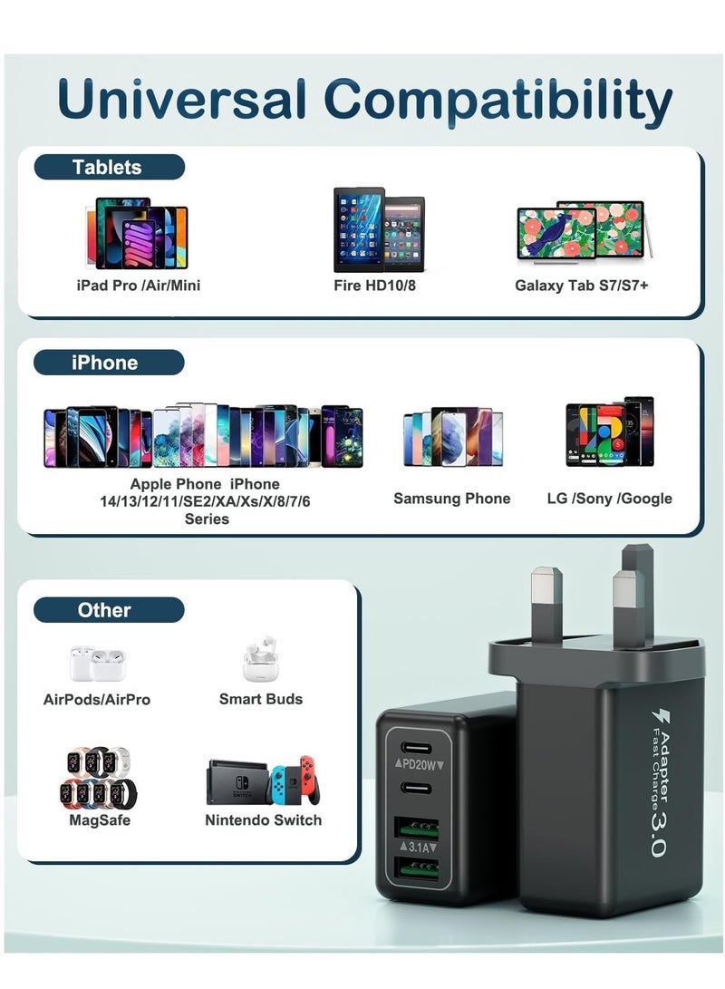 2-Pack USB C Plug,40W 4-Port Fast Charging Plug UK Type C Charger Dual Port PD+QC Wall Plug, Multi USB C Power Adaptor Charger Plug for iPhone 15 14 13 12 11 Pro Max XS XR X SE 8 7 Plus,iPad,Samsung