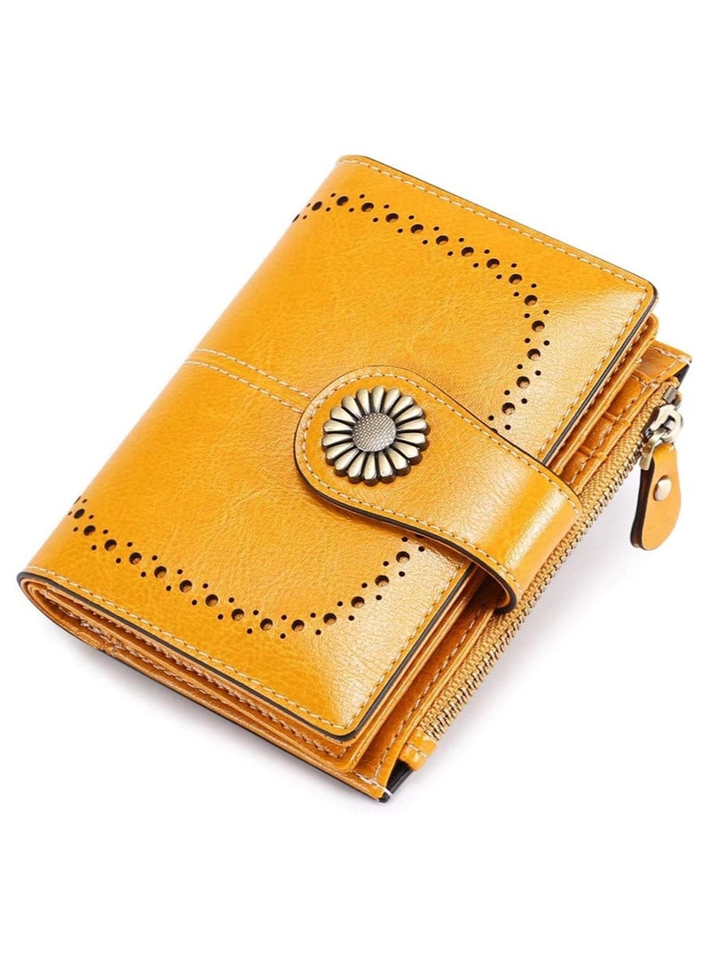 Wallets for Women Small Bifold RFID Blocking Genuine Leather Wallet Vintage Zipper Short Card Holder Ladies Purse Elegant Clutch with ID Window, Yellow, Small, Vintage