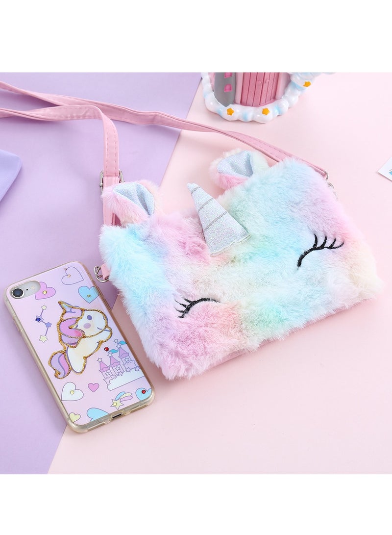 Shoulder Bags Little Girls Wallets Shoulder Bags Messenger Bags Plush Unicorn Shoulder Bags Tie Dye Rainbow Kids Coin Purses Cute Princess Handbags Kids Accessories for Girls