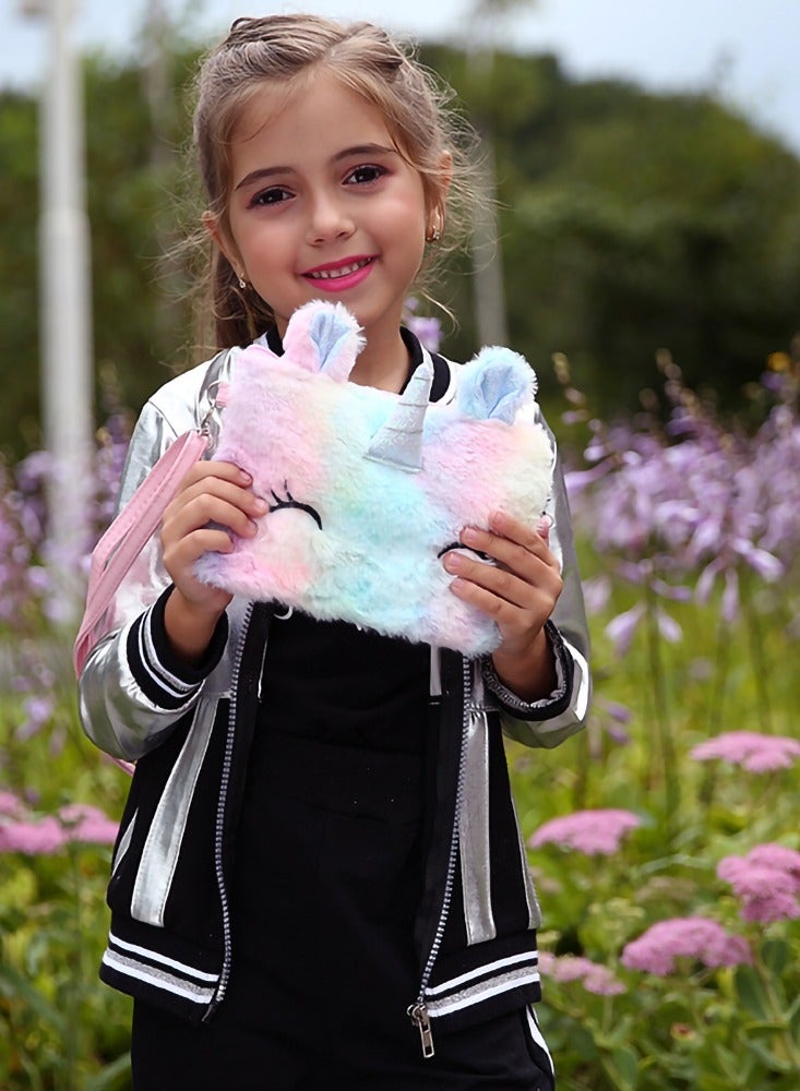 Shoulder Bags Little Girls Wallets Shoulder Bags Messenger Bags Plush Unicorn Shoulder Bags Tie Dye Rainbow Kids Coin Purses Cute Princess Handbags Kids Accessories for Girls