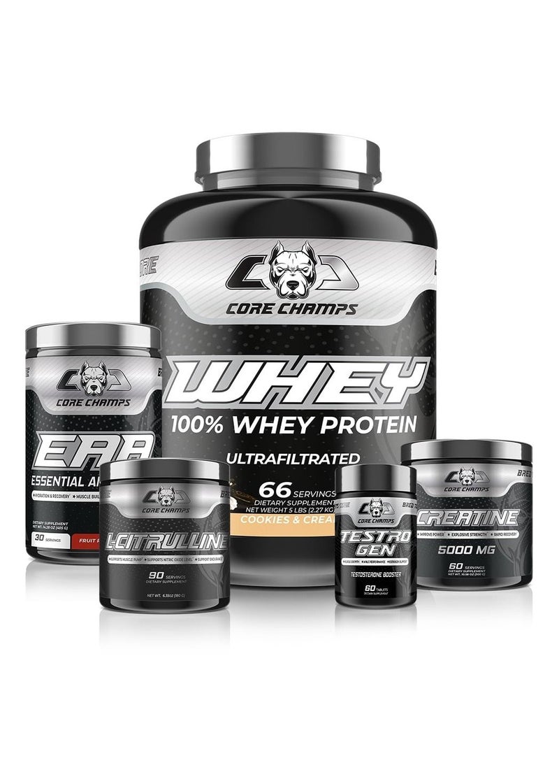 Core Champs Whey Bundle - Whey Protein 5Lbs - Cookies & Cream + EAA 30Sv Fruit Punch + Creatine 300G + L-Citrulline 90Sv + Testro Gen 60Tab