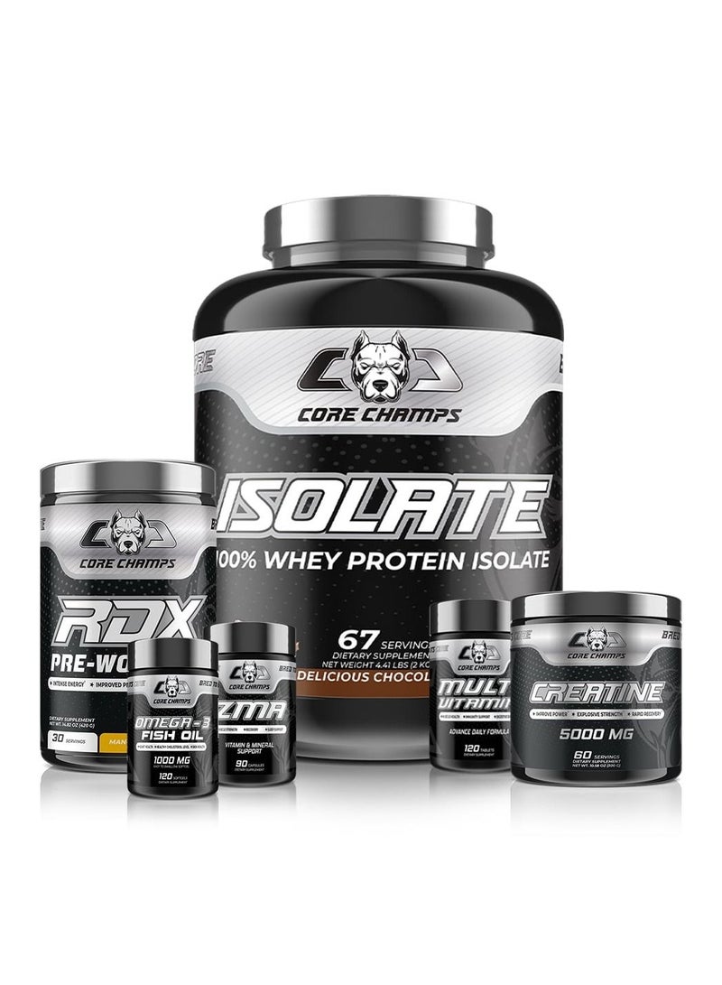 Core Champs ISO Bundle - Isolate 4.4Lbs/2Kg Delicious Chocolate + Creatine 300G + RDX Pre-Workout Mango 30Sv + Multi Vitamin 120Tab/120Sv + ZMA 90Cap/30Sv + Omega-3 Fish Oil 1000Mg 120Sgel/60Sv