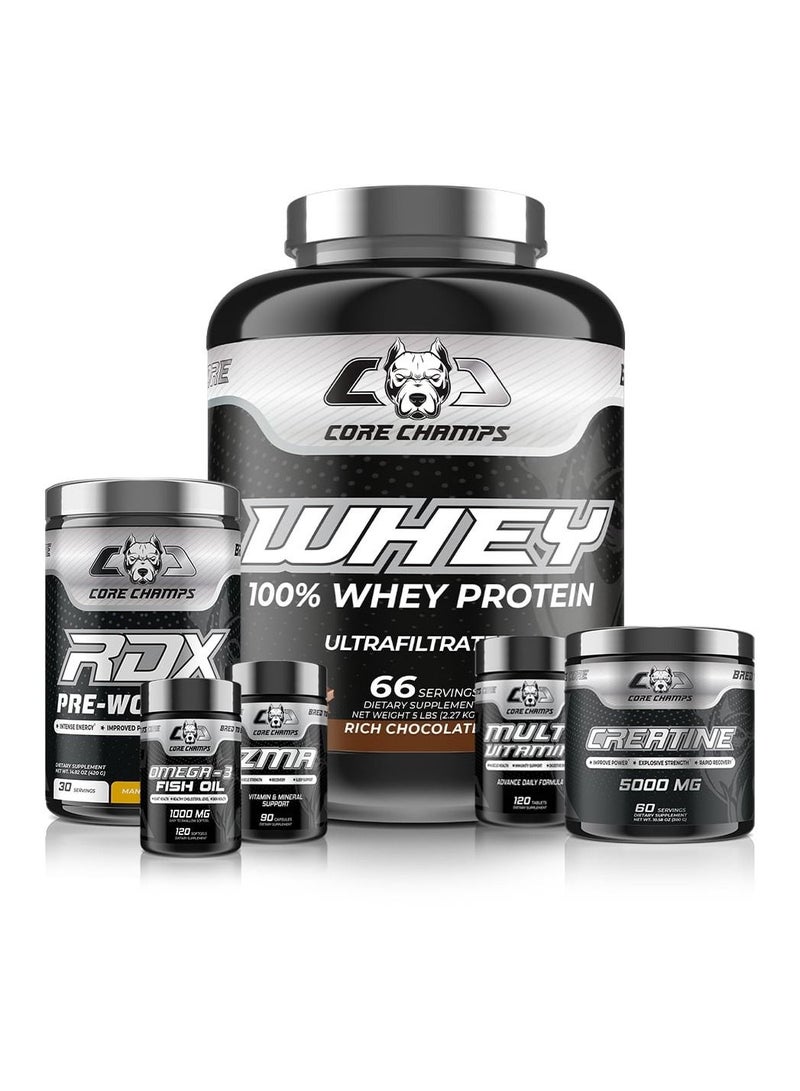 Core Champs Whey Bundle - Whey Protein 5Lbs - Chocolate + Creatine 300G + RDX Pre-Workout Mango 30Sv + Multi Vitamin 120Tab/120Sv + ZMA 90Cap/30Sv + Omega-3 Fish Oil 1000Mg 120Sgel/60Sv