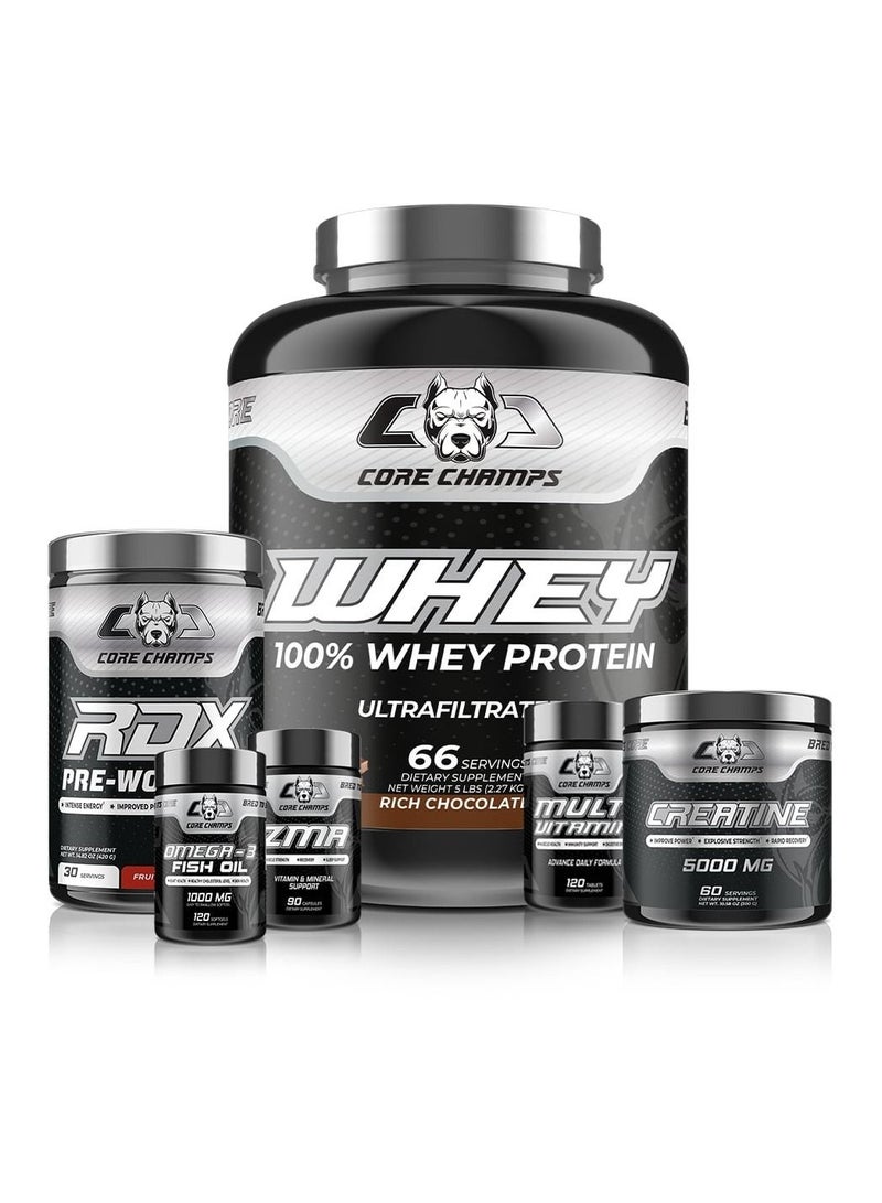 Core Champs Whey Bundle - Whey Protein 5Lbs - Chocolate + Creatine 300G + RDX Pre-Workout Fruit Punch 30Sv + Multi Vitamin 120Tab/120Sv + Zma 90Cap/30Sv + Omega-3 Fish Oil 1000Mg 120Sgel/60Sv