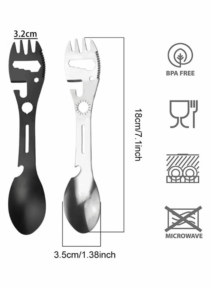 Camping Forks,Multi-Function Fork Spoon,Multifunctional Forks Stainless Steel,Portable Spoon Fork Bottle Can Tin Opener for Camping,Travel,Backpacking,Hiking and Outdoor Activities (10-in-1) 2 Pcs