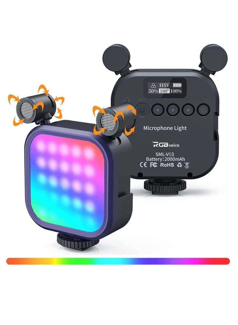 Portable RGB Video Lights, 2 in 1 LED Camera Light with Dual Stereo Microphone 360° Full Color Light for Photography 2 Cold Shoes, 2000mAh Rechargeable CRI 95+ 2500-9000K Dimmable Panel Fill Lamp