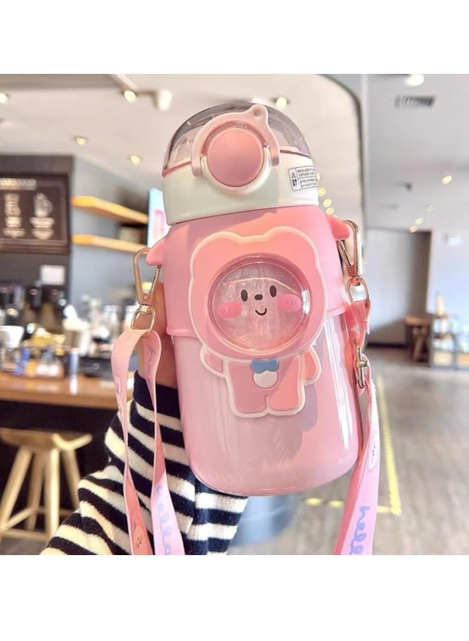 Kawaii Bear Straw Water Bottle with Shoulder Strap, Leak-proof Stainless Steel Vacuum BPA free Cute Insulated Water Bottles for Girls School Office