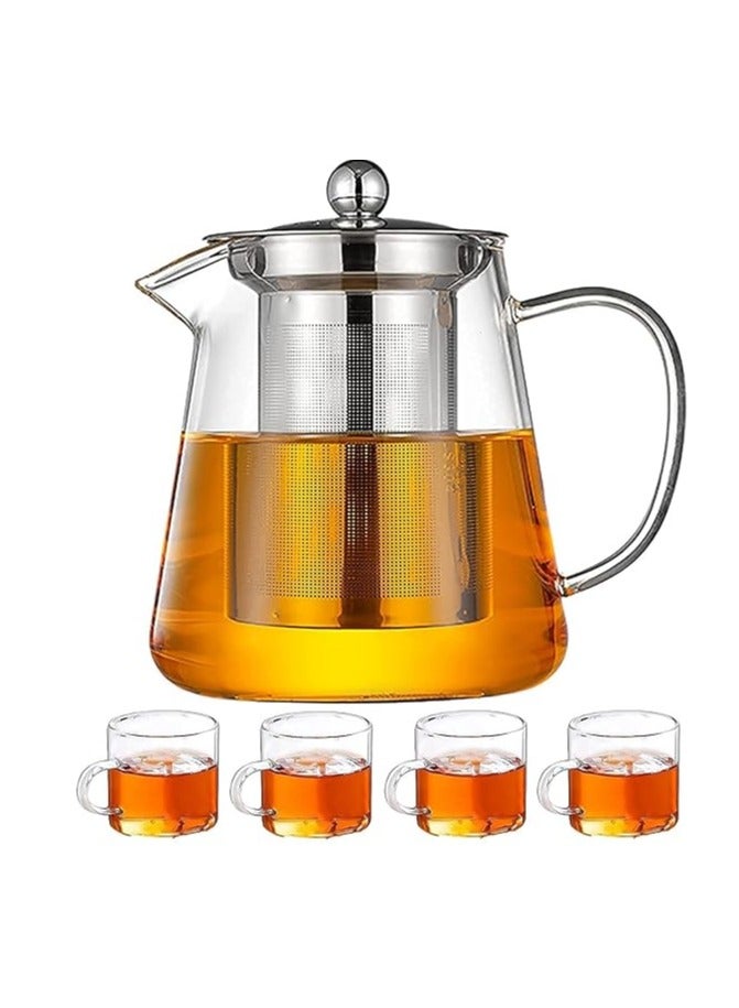 Glass Pitcher with Lid, Hot/Cold Water Carafe, Juice Jar and Iced Tea Pitcher, Glass Teapot 950ML ( Tea Port with 4 Pcs Tea Cup )