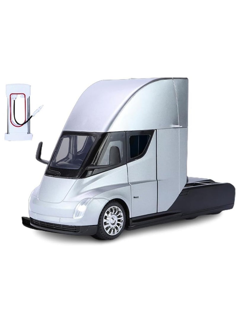1:24 Tesla Semi Truck Head, Semi Truck Model, Alloy Body, Sound And Light Functions, Suitable For Adult And Children'S Gift Decoration Collection. (Silver)