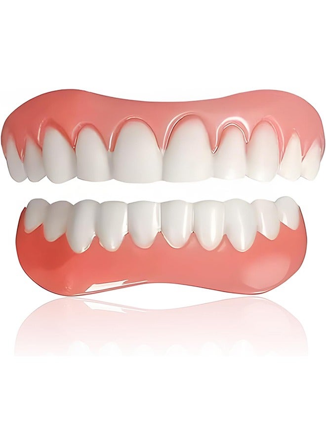 1 Pair of Veneers Teeth Set, Comfortable Silicone False Teeth for Upper & Lower Jaw, Instant Smile Enhancer for Men Women with Bad Teeth, Temporary Veneer False Teeth for Interviews Dates Parties