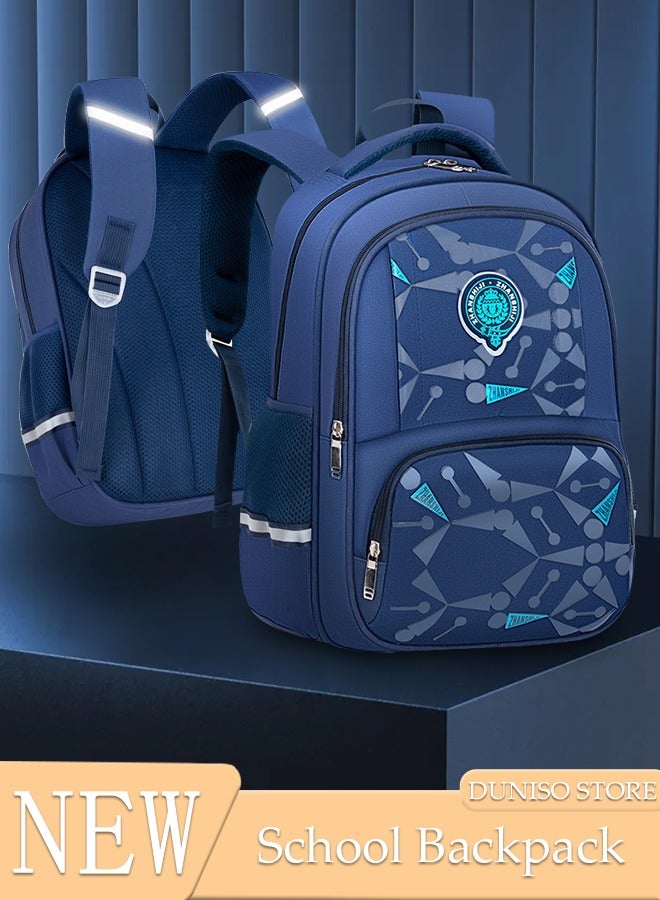 Kids School Backpack, Large Capacity Backpack for Boys, Lightweight Schoolbag for Teen Boys Bookbag with Compartments Reflective Strip, Watrer Resistant Bookbag for Elementary Primary School