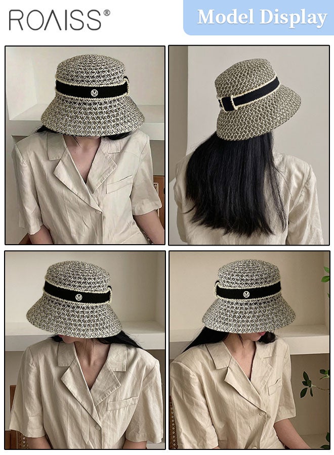 Women's Hollow Breathable Bucket Hat, Foldable Summer Breathable Beach Straw Hat with Letter Decoration, Fashion UV Protection Sun Hat