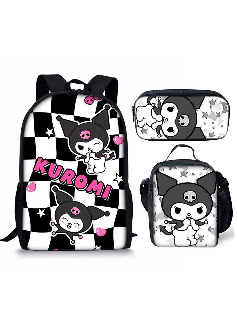 3 pcs set Kuromi Children Backpack Daypack Schoolbag Girls  Boys School Book bag with Lunch Box Pen Case