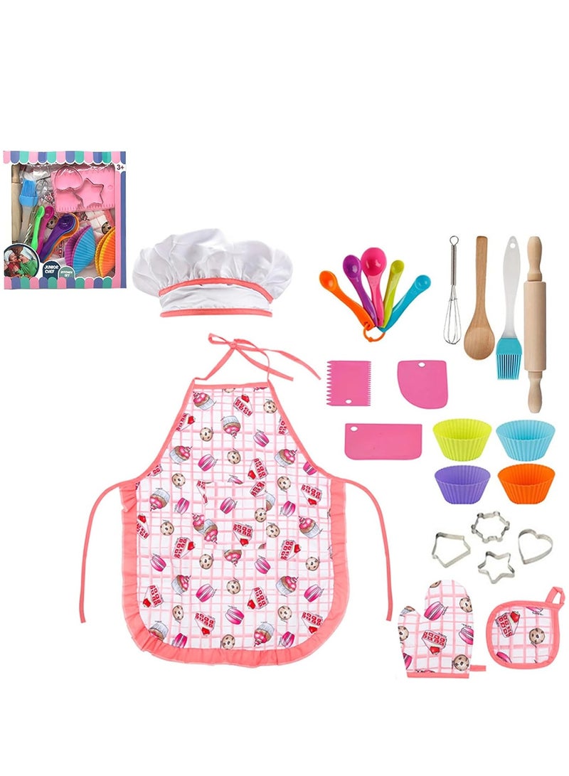 20Pcs Kids Cooking and Baking Set Kids Chef Role Play Costume Set Includes Cake Apron Chef Hat Cooking Mitt Utensils Cupcake Molds Dress up Cooking Toy Set for Girls