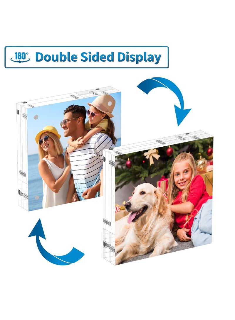 3-Pack 4x4 Inch Acrylic Photo Frames, Ultraviolet-proof Thicker Magnetic Acrylic Block, Freestanding Double Sided Frameless Transparent Square Picture Frame for Desktop Display
