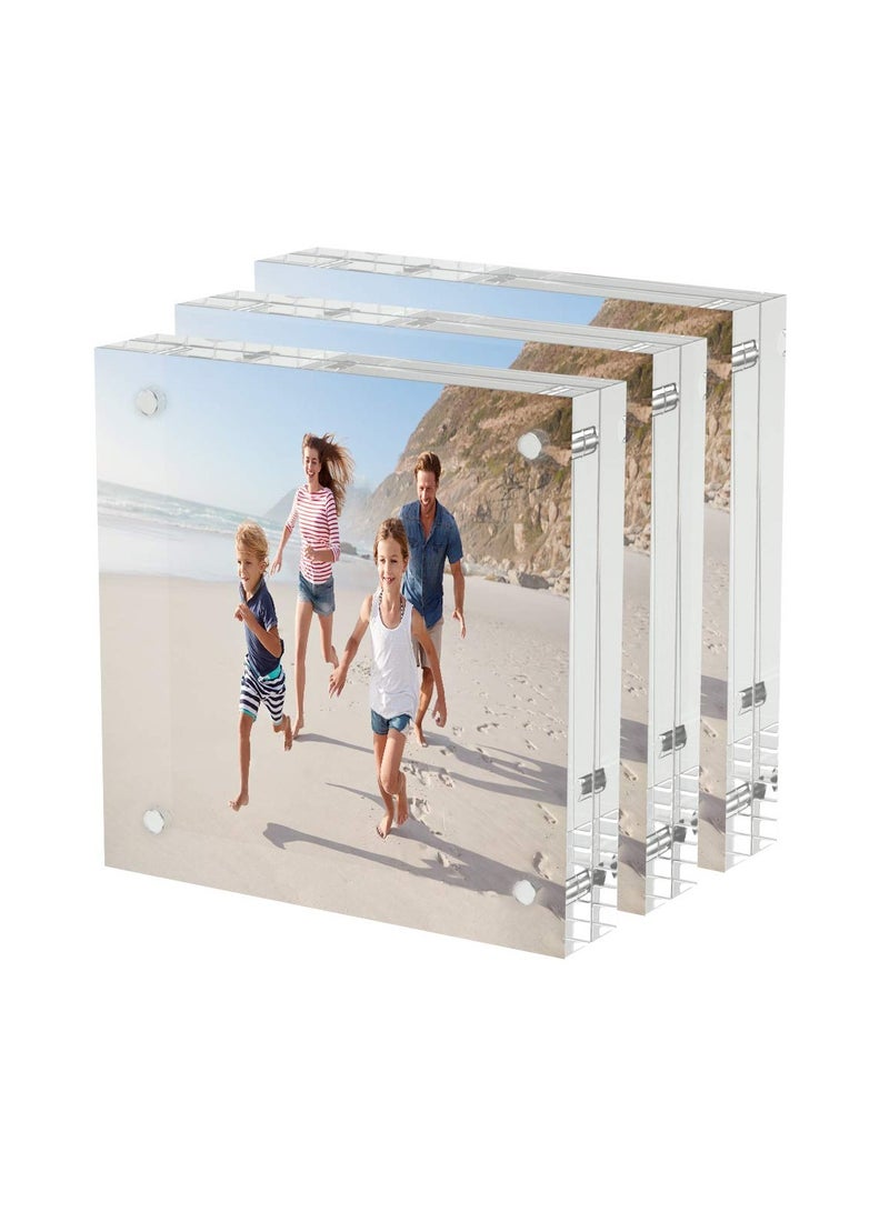 3-Pack 4x4 Inch Acrylic Photo Frames, Ultraviolet-proof Thicker Magnetic Acrylic Block, Freestanding Double Sided Frameless Transparent Square Picture Frame for Desktop Display