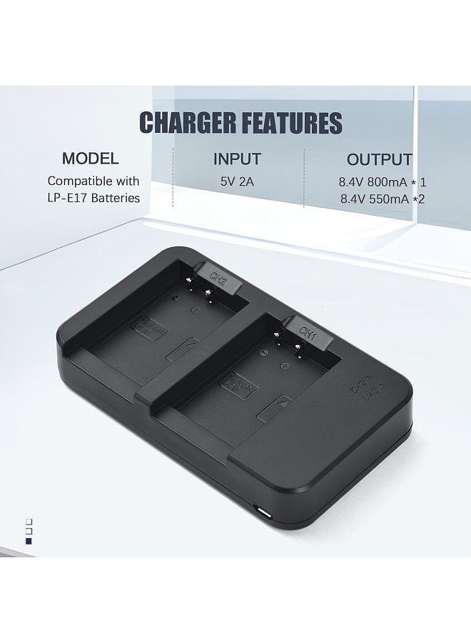 Camera LP-E17 Battery & Charger Kit with 2-slot Battery Charger + 2pcs LP-E17 Batteries 7.2V 1040mAh + USB Charging Cable