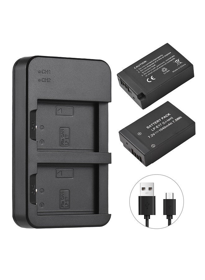 Camera LP-E17 Battery & Charger Kit with 2-slot Battery Charger + 2pcs LP-E17 Batteries 7.2V 1040mAh + USB Charging Cable