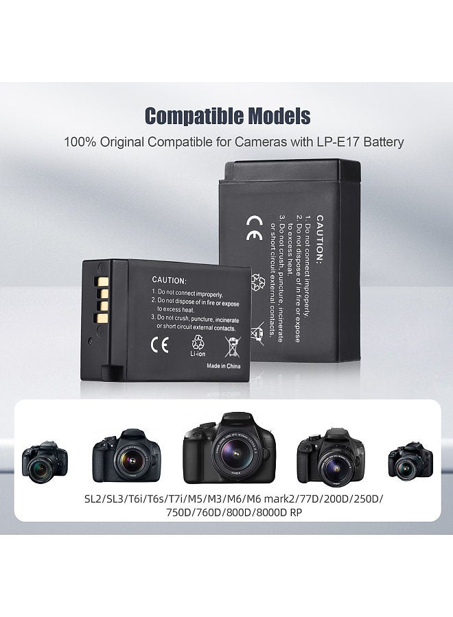 Camera LP-E17 Battery & Charger Kit with 2-slot Battery Charger + 2pcs LP-E17 Batteries 7.2V 1040mAh + USB Charging Cable